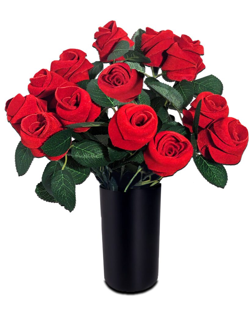 Dozen handcrafted leather roses in black vase — 3rd anniversary gift