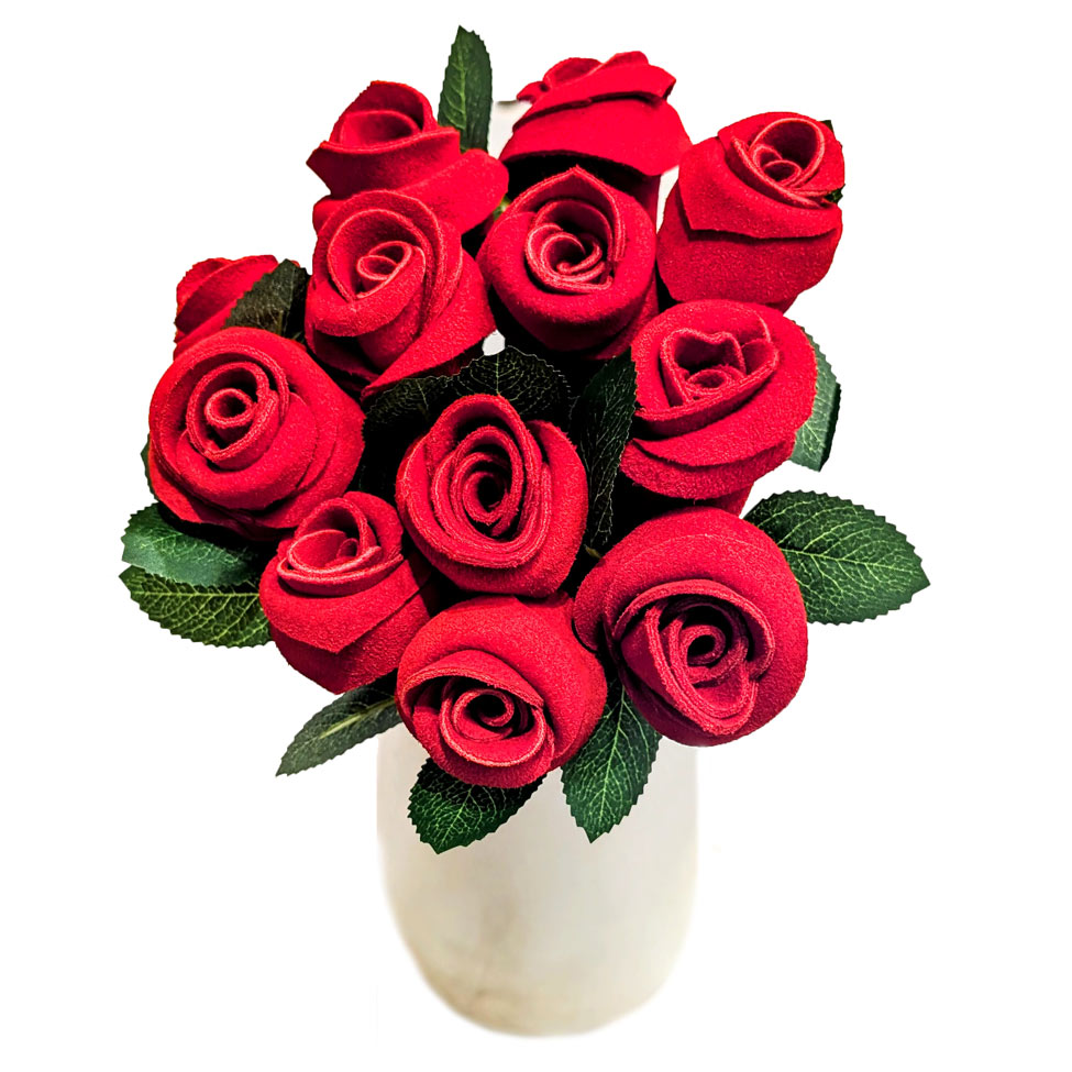 Dozen handcrafted leather roses in white vase — 3rd anniversary gift